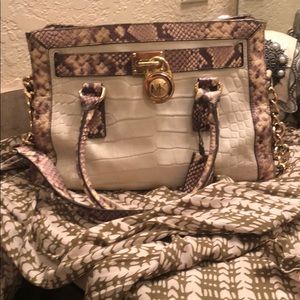 Michael Kors Gold and snake skin print hand bag